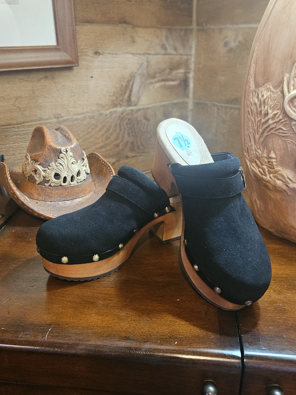 Black Suede Wooden Clog Mules - Women